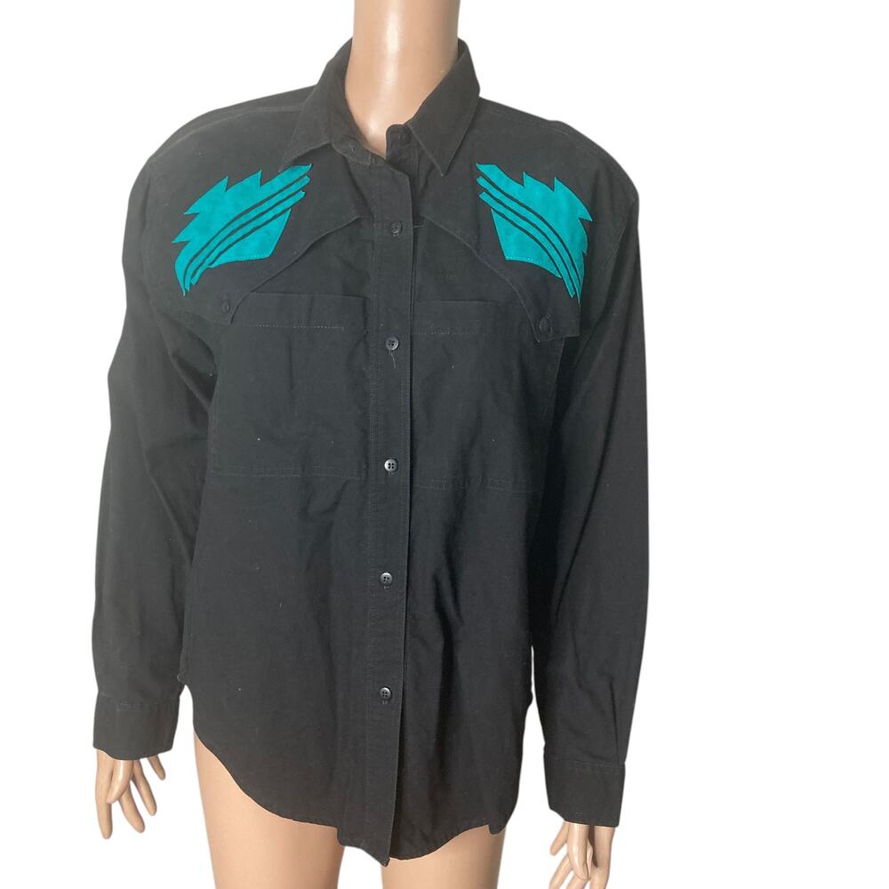 Vintage Cricket By The Creek Button Front Tribal Shirt Black Turquoise